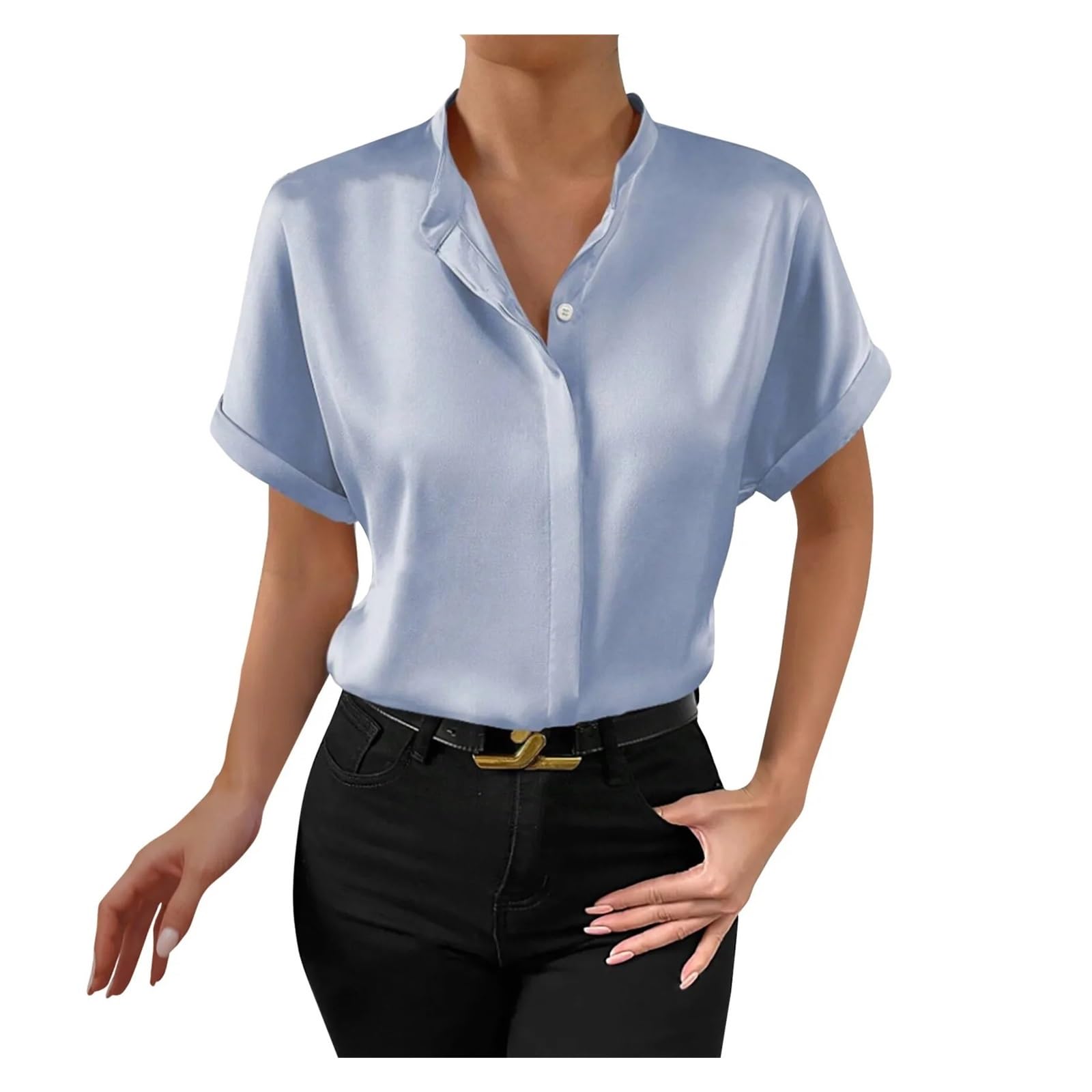 Copricostume Donna Camicia Da Donna Tinta Unita Elegante Scollo A V. Stand | Camicetta da donna for spostamenti formali a maniche corte