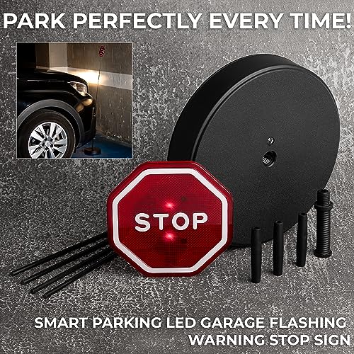 VaygWay LED Flashing Stop Sign Parking Assistant for Garage– 7” Large Bright Red Sign, Adjustable Height- Garage Warning Car Stop Indicator Sensors for Vehicles- Bumper Guard for Driveaway