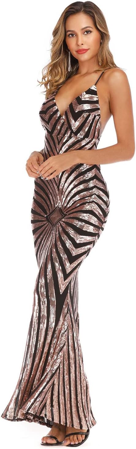 女性の夏のイブニングドレスサンドレスマキシドレスマーメイドカクテルロングドレスグリッター V ネックスパンコールブライズメイドドレス