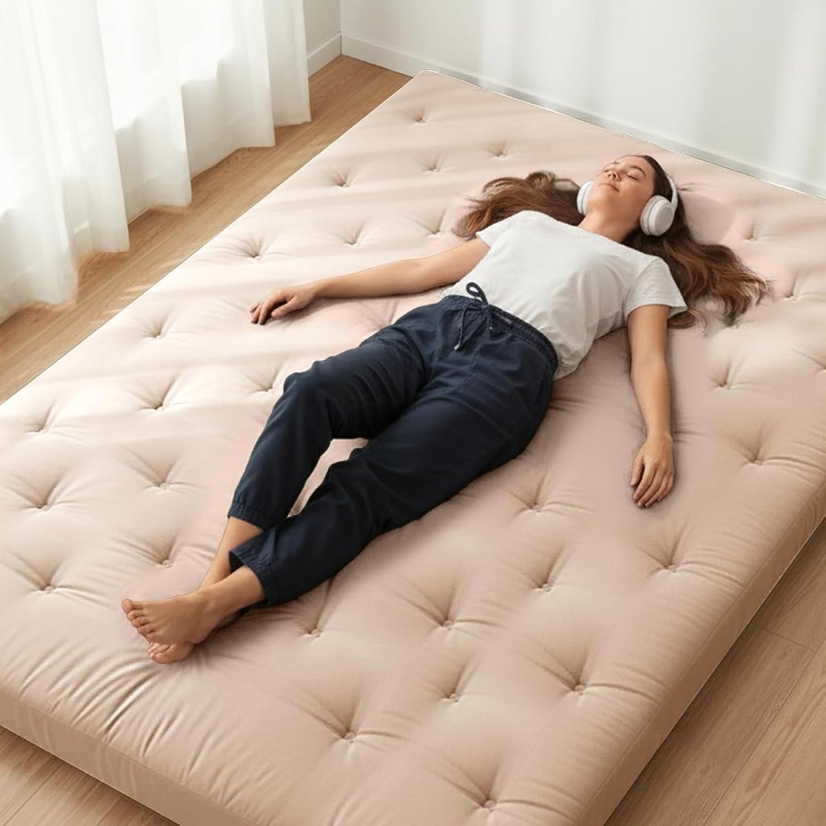 ZonLi Japanese Floor Futon Mattress 100% Cotton Cover Foldable Portable | 75" x 54" Full Size 2.5" Thick Tatami Mat Sleeping Pad, Roll Up Floor Lounger Bed for Guest, Dormitory, Camping & Travel