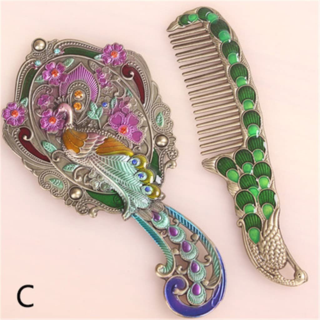 Antikes Messing mit grün-blauem, handbemaltem und juwelenbesetztem Pfauen-Design, faltbarer Handspiegel und Kamm aus Metall (Farbe: B)