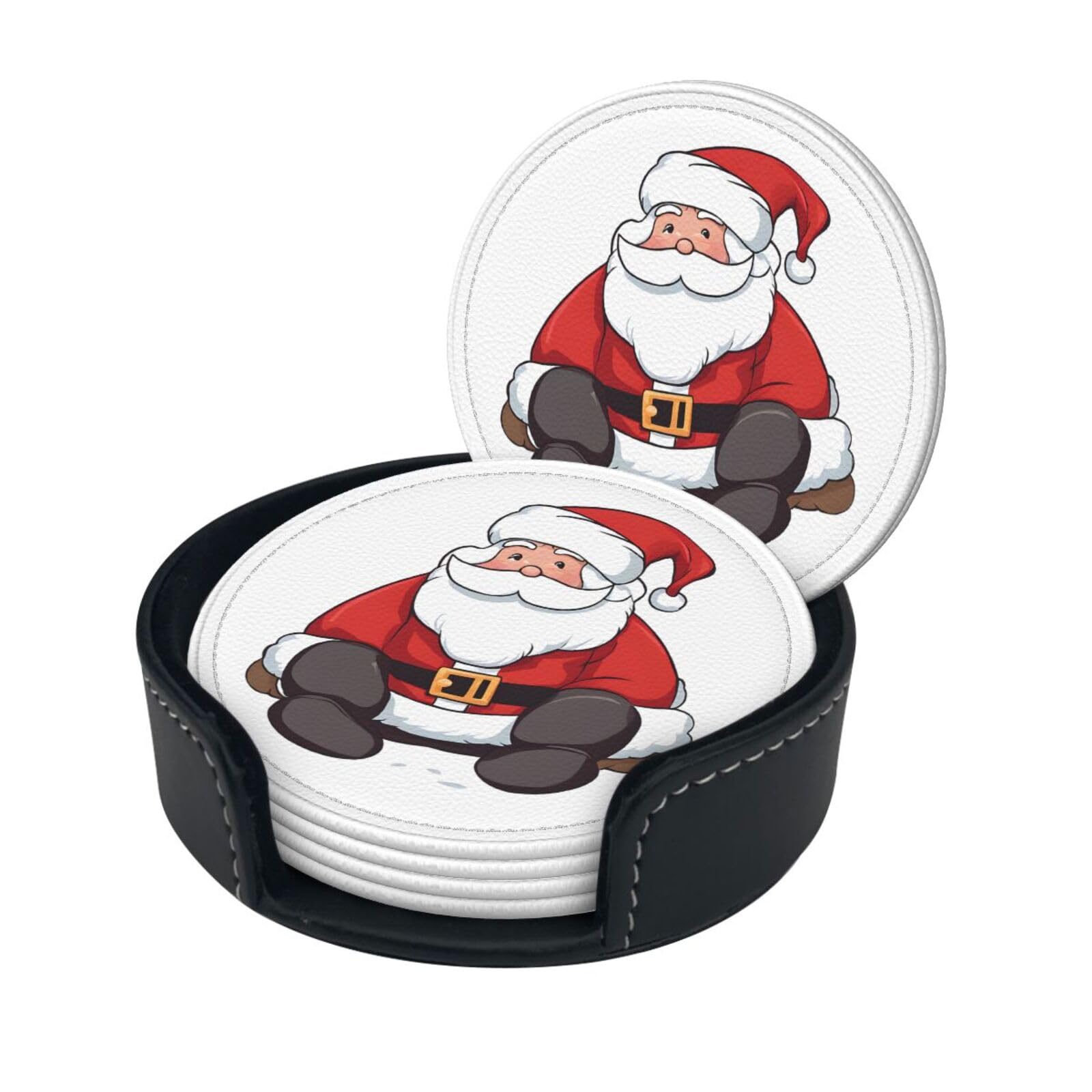 Cute Santa Claus Print Coaster,Round Leather Coasters with Storage Box for Wine Mugs,Cold Drinks and Cups Tabletop Protection (6 Piece)