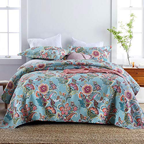 Qucover Cubrecama Pique Cama 150 Verano,Colcha Acolchada Patchwork 100% algodón,Juego de Colcha de Retazos con Dos Fundas de Almohada,Manta Grande bouti Azul para Sofa
