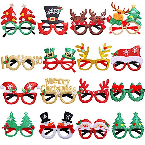Aneco 16 Styles Glittered Christmas Party Glasses Christmas Costume Eyeglasses Frame Christmas Decoration Eyewear for Holiday Party Favors, 16 Pieces