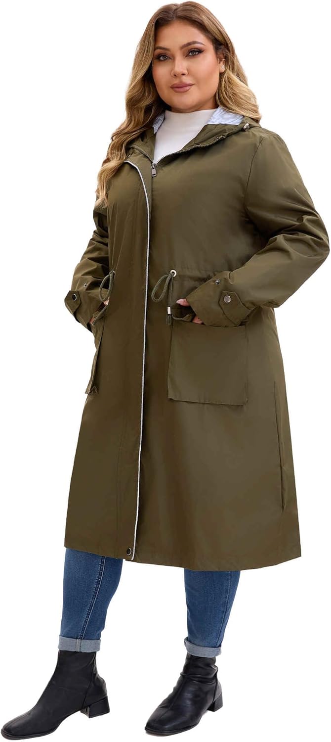 Agnes Orinda Plus Size Hooded Long Jacket for Women Adjustable Drawstring Waist Zipper Outdoor Windbreaker Trench Coats