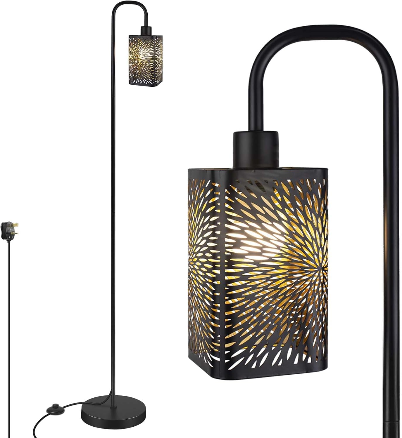 Lampa podłogowa do salonu, nowoczesna czarna lampa stojąca z rzeźbionym metalowym abażurem w kształcie fajerwerków, wysoka lampa podłogowa w stylu industrialnym z przełącznikiem nożnym do sypialni i