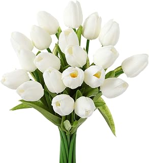 EZFLOWERY 10 Heads Artificial Tulips Flowers Real Touch Arrangement Bouquet for Home Room Office Party Wedding Decoration, Excellent Gift Idea for Mothers Day (10, White)