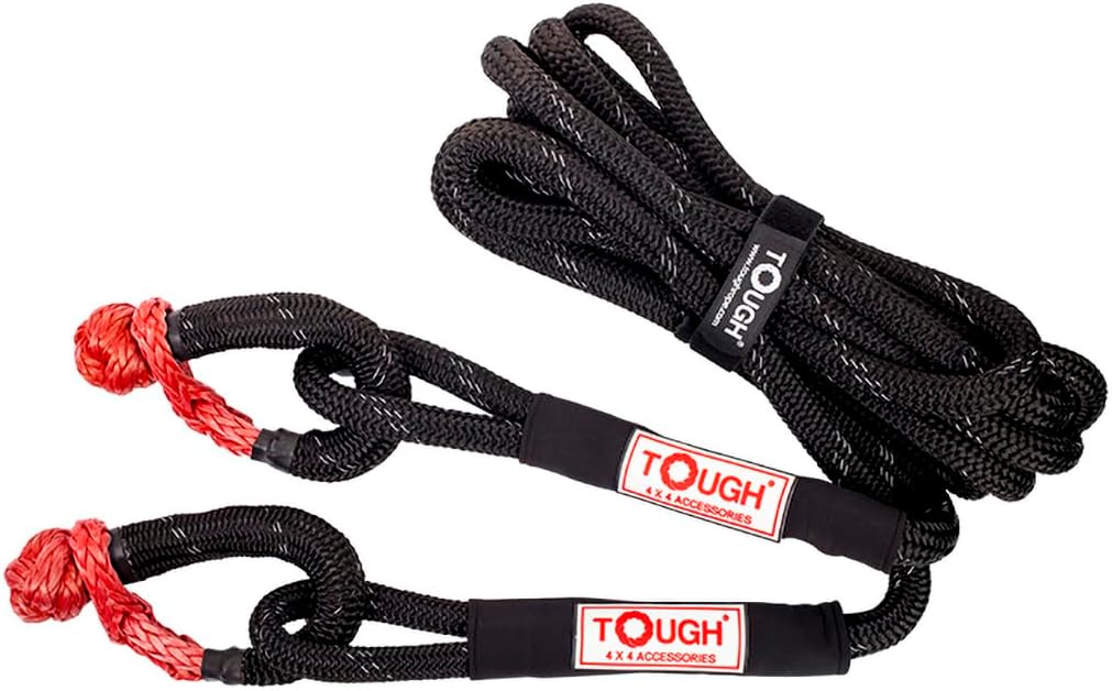 TOUGH Truck 1-1/4" x 30ft 135000lbs(60T) Static UHMWPE Towing Strap +2 Pcs Soft Shackle(179200bs), (1Pcs Black 1-1/4" X 30ft Tow Rope+2Pcs Red 35 inch Soft Shackle+1Pcs Bag)