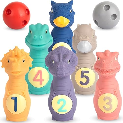 Miniatura 5 de ArtCreativity Juego de bolos de dinosaurio para niños, 6 pines de dinosaurio y 2 bolas, juguetes de dinosaurio de silicona duraderos para niños y