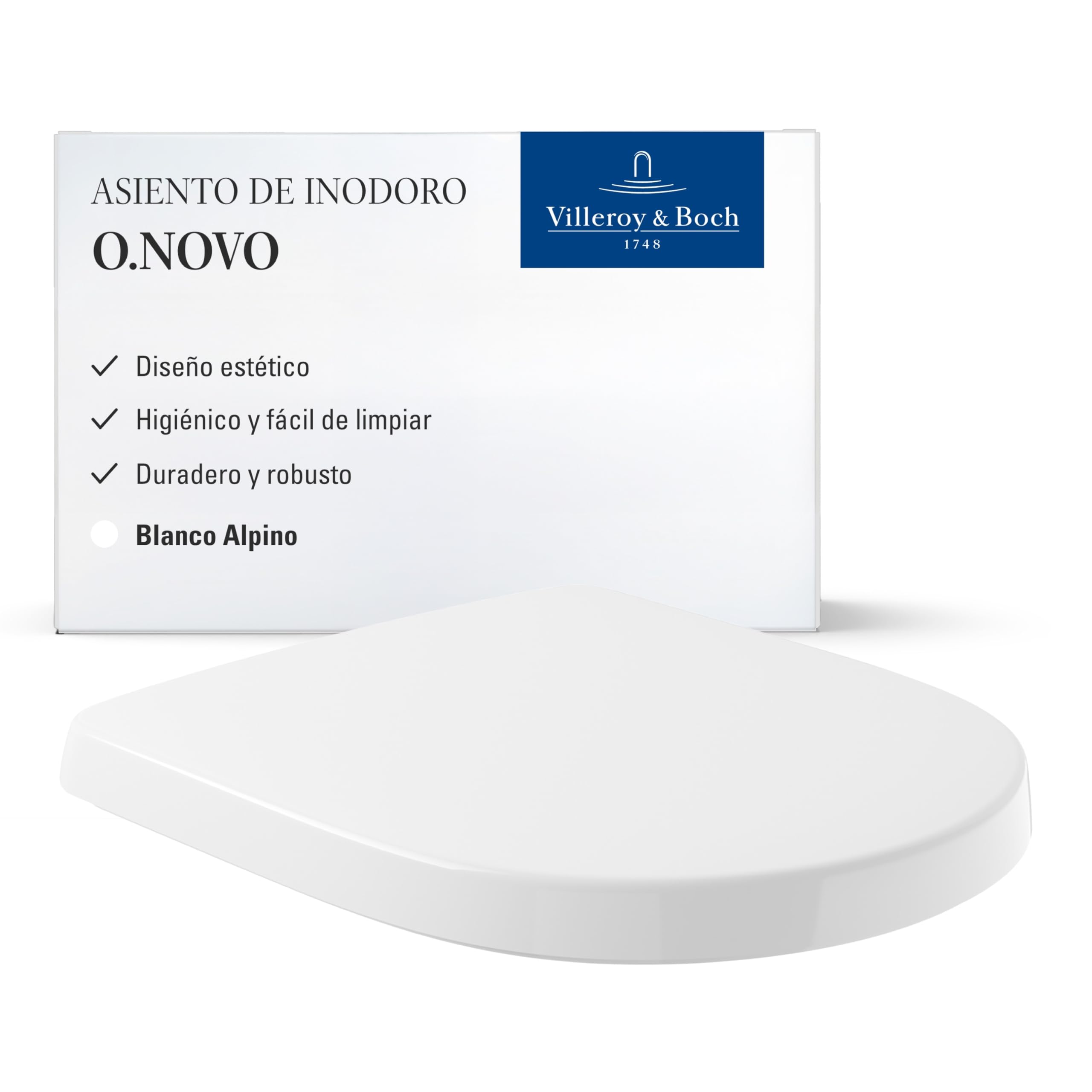 Villeroy & Boch O.Novo, Asiento de Inodoro - Tapa de WC Blanco Brillante de Duroplast Resistente - Aro con bisagras de Acero Inoxidable - Diseño Forma de D - Recambio Original