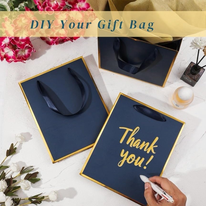 UoeRing 12 Pack Thank You Gift Bags with Handles 9.5x7.5x3.75 inch Gift Bags Medium Size Gift Bag with Tissue Paper and Card for Wedding Birthday Bridesmaid Holidays Mother's Day (Navy Blue) - Image 4
