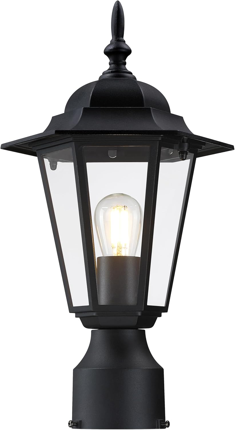 Outdoor Post Light, Pole Lantern, Waterproof Die-Cast Aluminum Pole Light Fixture with Glass, Exterior Post Lamp for Garden Yard Patio Pathway, Matte Black, 1-Pack