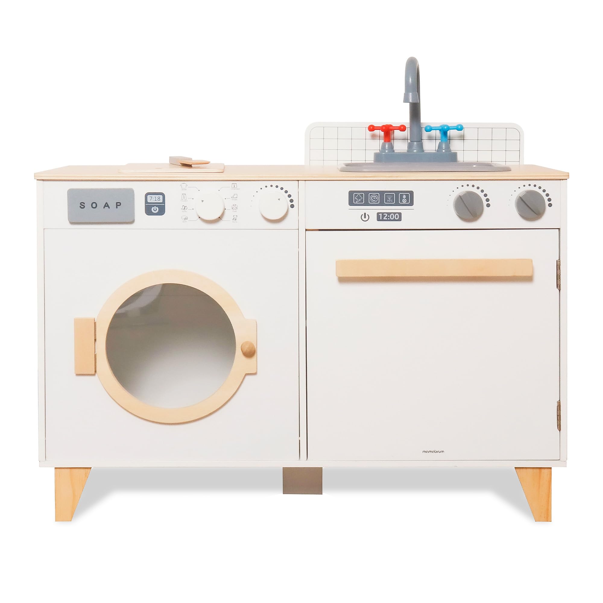Mamabrum Holz Kinderküche & Waschmaschine – 2 in 1 Set mit Spüle, Waschmaschine und Zubehör für kreatives Rollenspiel