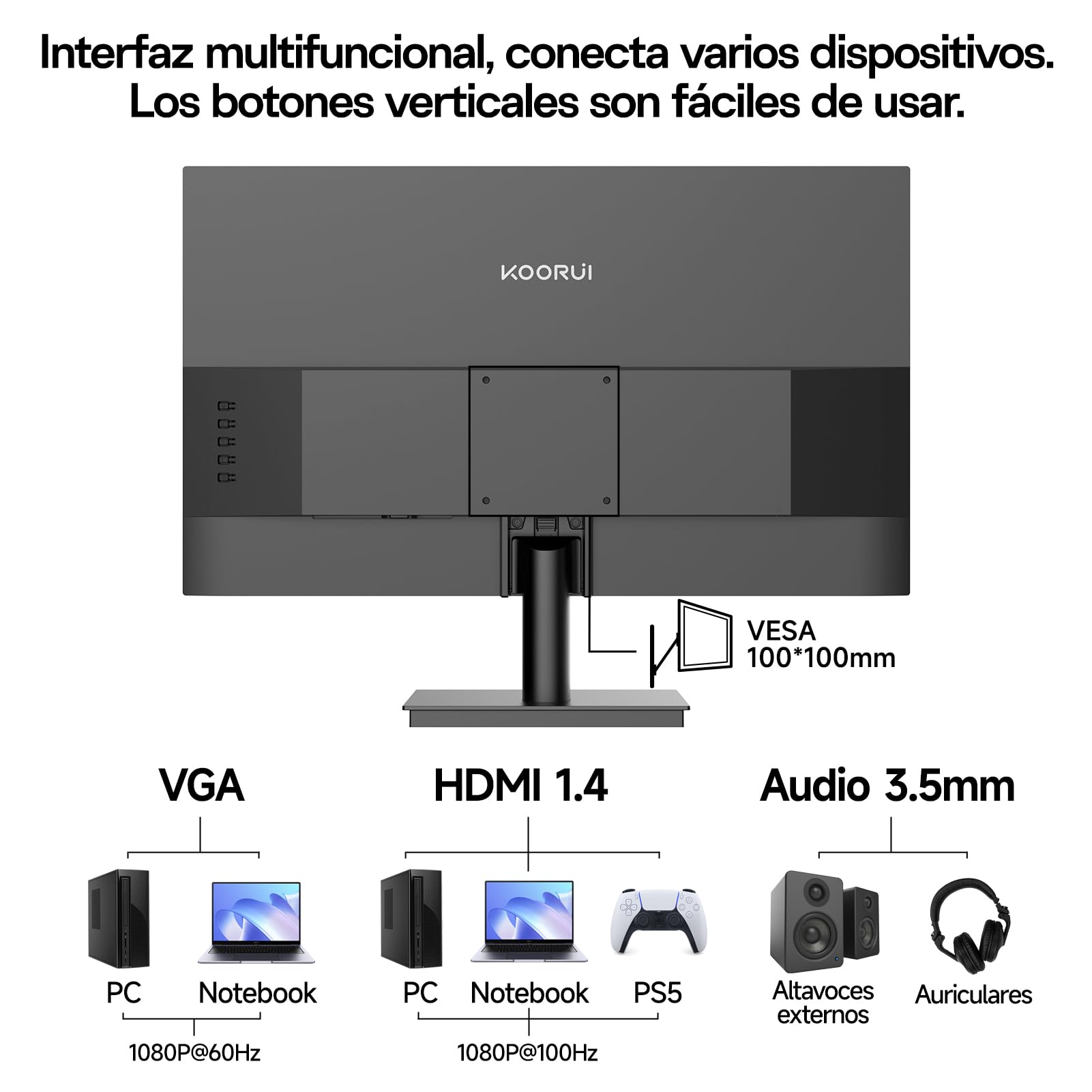 KOORUI Pantalla de 23,8 Pulgadas, IPS FHD Monitor,1920x1080,Monitor para PC de 100 Hz,con tecnología IPS y función de Cuidado Ocular, entradas HDMI y VGA,VESA 100 x 100 mm