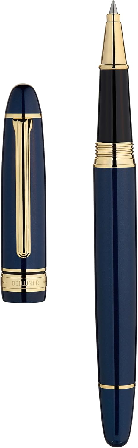BEILUNER 319 Piano Blue Lacquer Rollerball - Stunning Luxury Pen with 24K Gold, Heavy, Schneider Black Ink Refill, Best Gift Set for Men & Women, Professional, Executive Office, Fancy Classic Pens