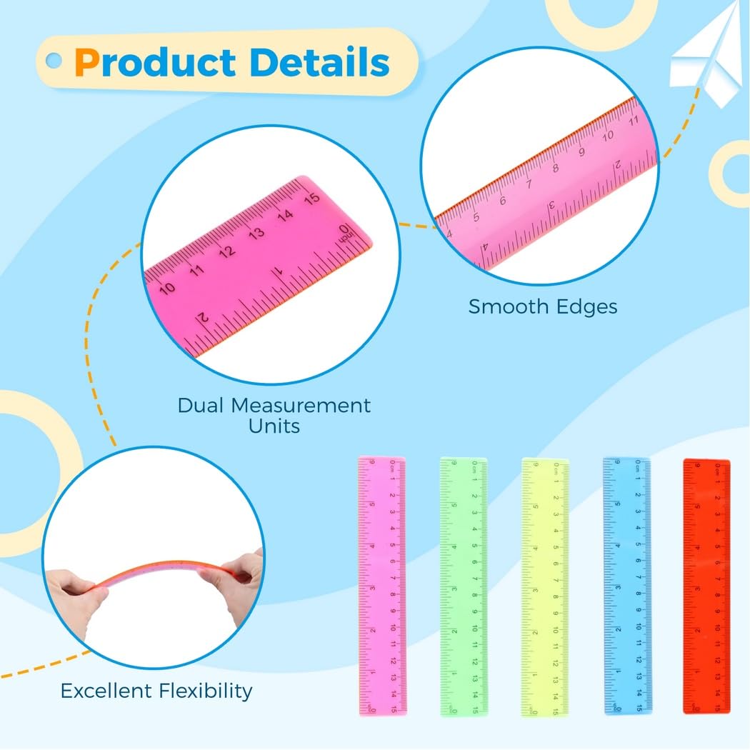 100 righelli in plastica da 15,2 cm, piccoli righelli trasparenti con scala in pollici e centimetri, assortiti rosso, rosa, blu, verde, giallo, per studenti, scuola, ufficio, casa e artigianato