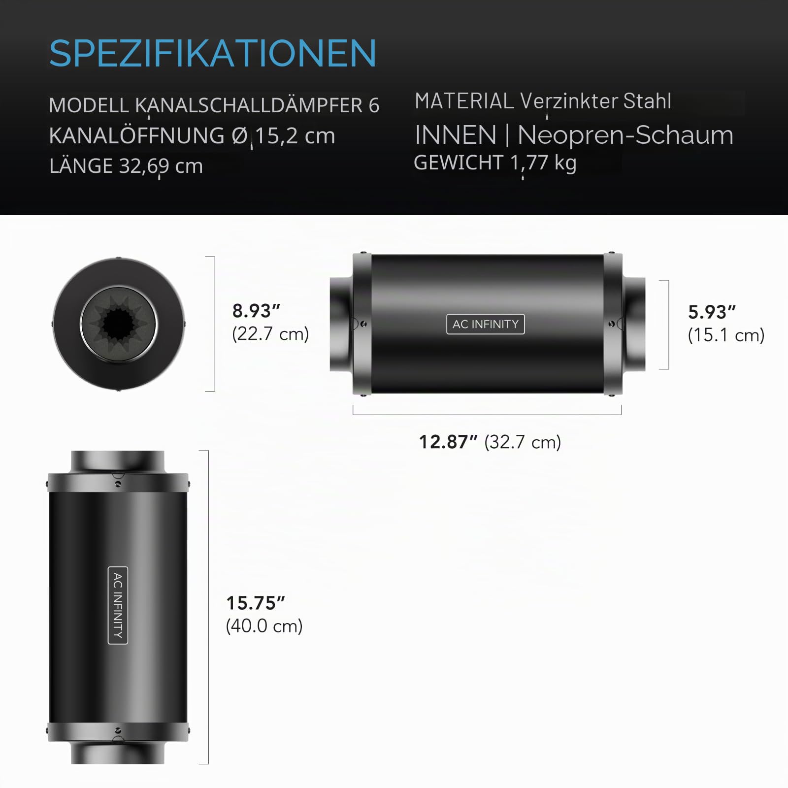 AC Infinity Rohrschalldämpfer 150 mm – für Inline-Lüfter und Lüftungssysteme in Growzelten und Hydrokultur-Anlagen