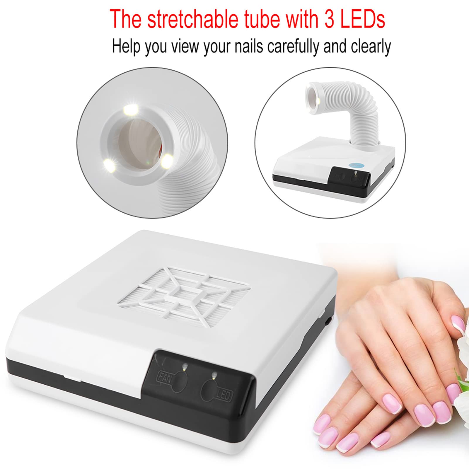 Nagel Staubsauger, 60W 2 IN 1 Salon Saug Staubsammler Maschine Mit LED Licht Starker Power Nail Art Staubsauger Maniküre Staubsauger Maschine, Weiß