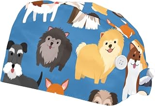 2 Pieces Working Hat with Buttons Adjustable Sweatband Bouffant Hats Unisex Tie Back Hats Cartoon Animal Dogs