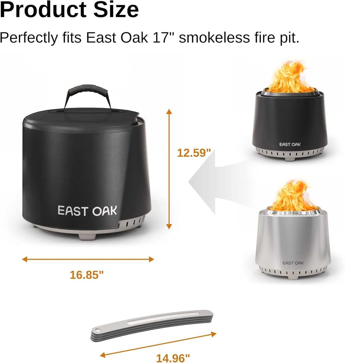 EAST OAK 17'' Fire Pit Cover for Outdoor Smokeless Firepit, 500D Heavy Duty Fabric, Waterproof, Dustproof, and All-Weather Resistant, Black, 16.85"Dia X 12.59"H