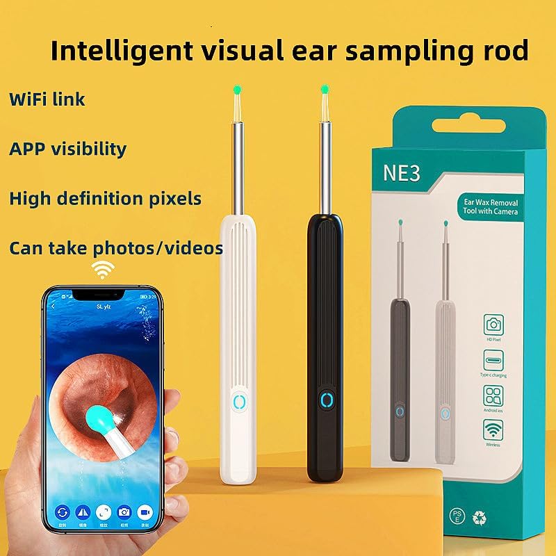AZEITE NE3 Intelligent Visual Ear Sampling Stick, showing black and white devices next to a smartphone displaying an ear canal view.