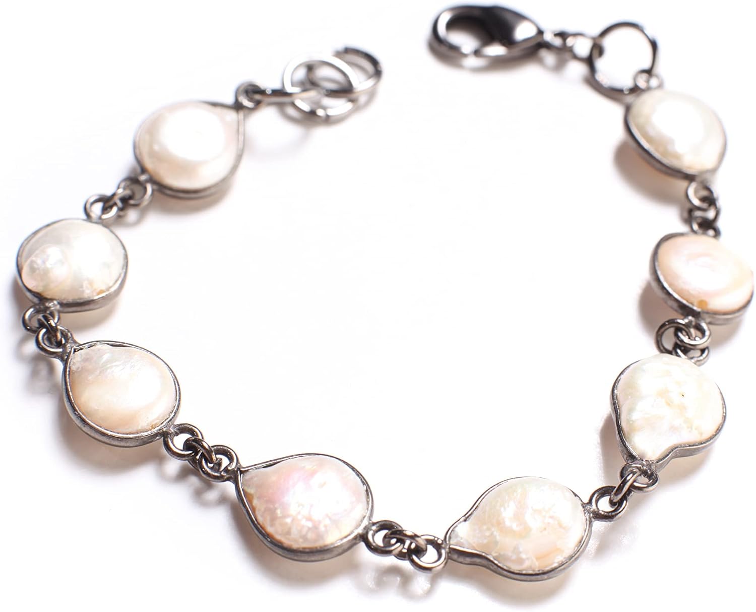 Genuine Freshwater Pearl 10mm Coin Pearl Sterling Silver Oxidized Bezel Bracelet