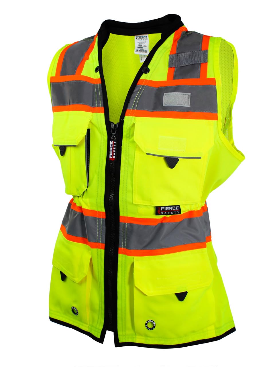 Fierce Safety Woman's Surveyors Class 2 Green Safety Vest with Tablet Pockets and Neck Padding (XL)