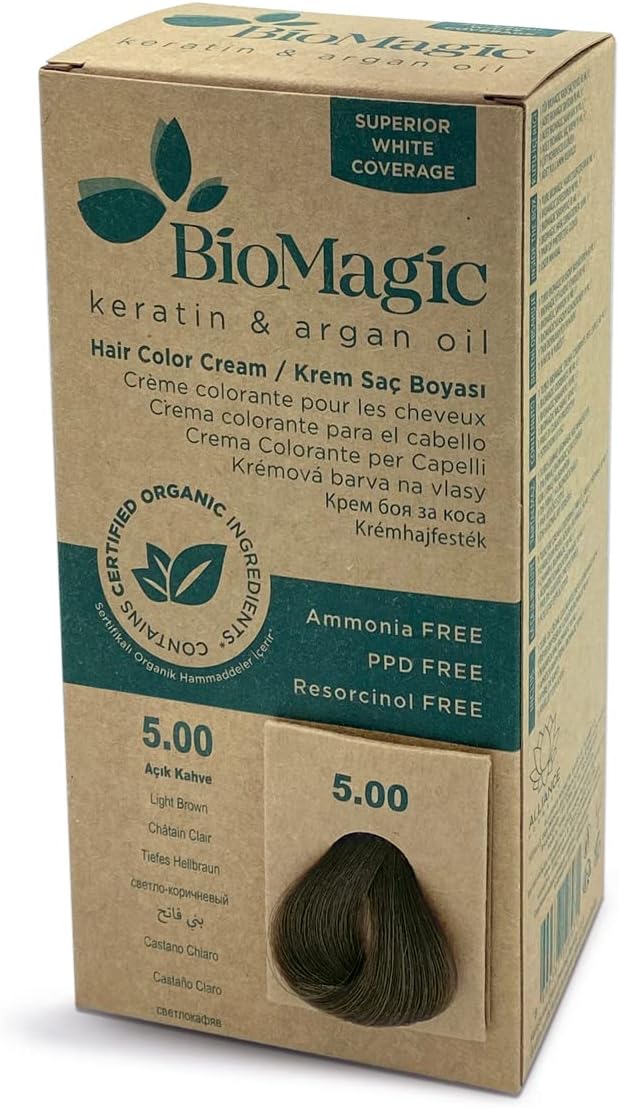 BioMagic Hair Color Cream 5/00 Light Brown, Keratin & Argan Oil