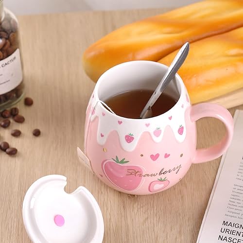 Miniatura 4 de WHJY Taza de café rosa para mujer, taza de desayuno de cerámica coreana de fresa con tapa y cuchara, 15.2 fl oz15 oz, rosa D