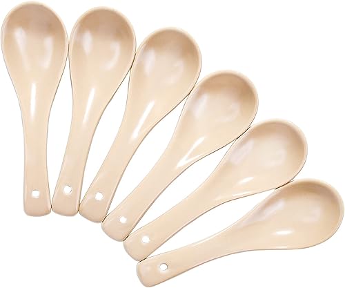 Juego de 6 cucharas de sopa de cerámica estilo nórdico para ramen pho postre helado Wonton Beige
