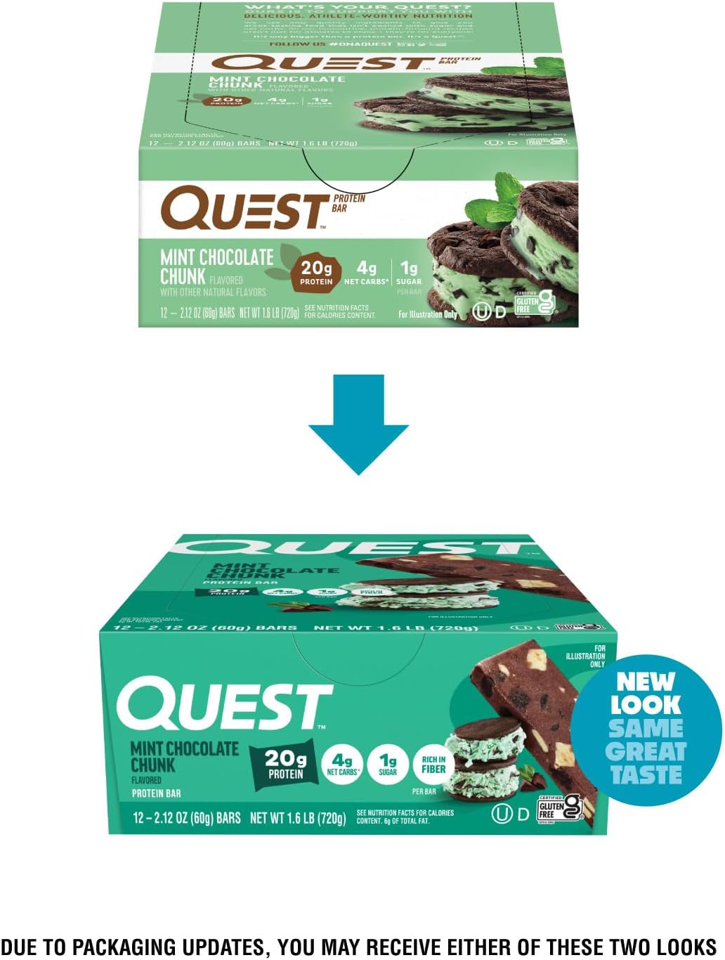 Quest Nutrition Mint Chocolate Chunk Protein Bars, 20g Protein, 1g Sugar, 4g Net Carb, High Fiber, Gluten Free, Keto Friendly, 12 Count