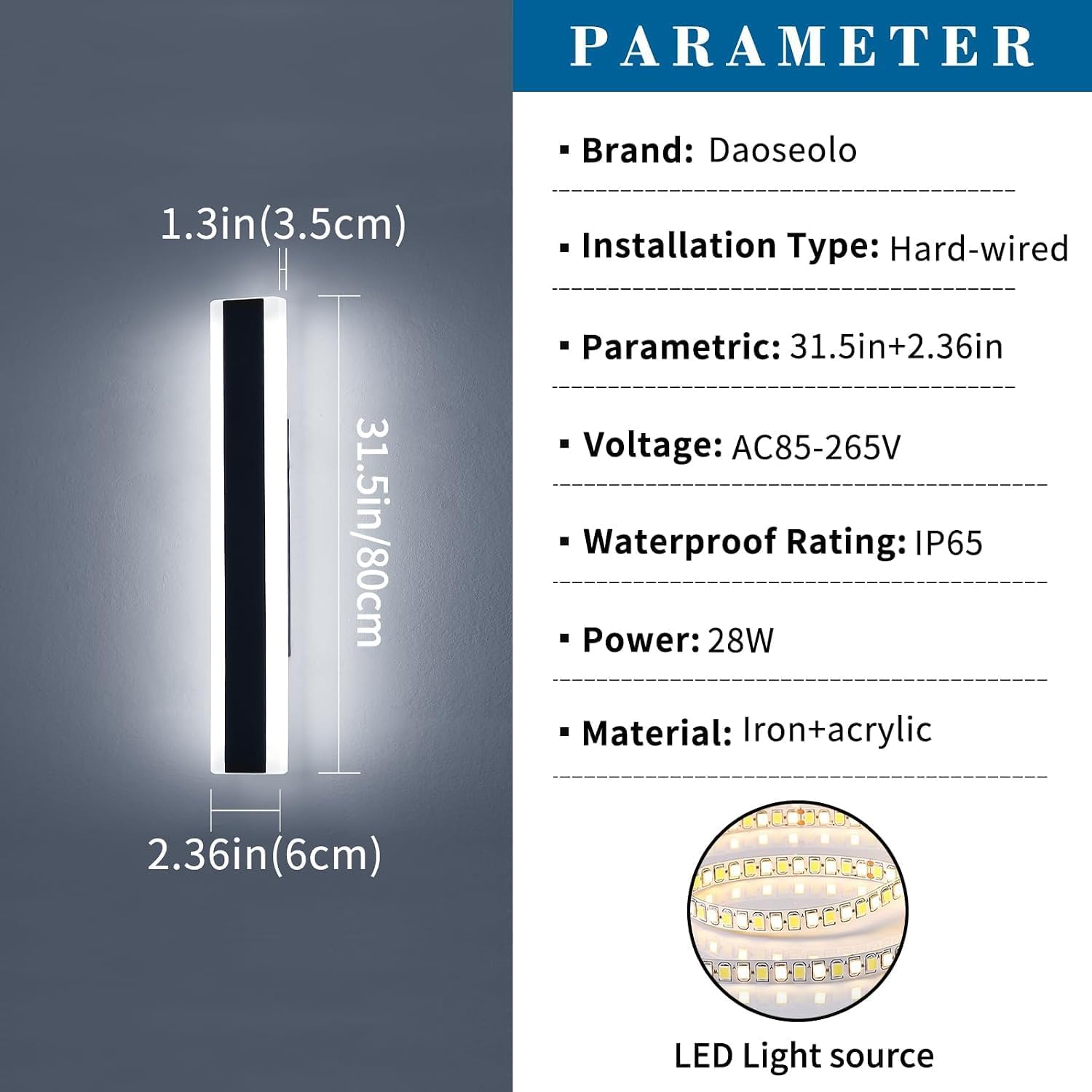 Modern Outdoor Wall Sconce, 31.4inch LED Outside Wall Light Fixture, IP65 Waterproof, 6000K Cold White, Black Minimalist Exterior Lighting Patio Wall Lamps for House, Porch, Garage, Garden image 3