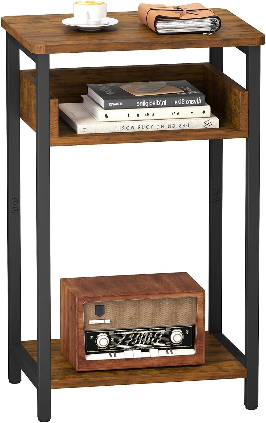 Side Table, 25 inch High End Table, Small Bedside Table for Living Room, Bedroom and Office, Greige & Black