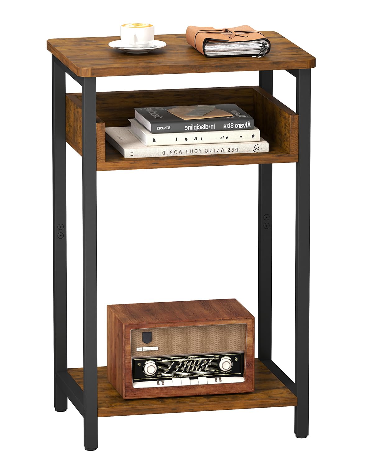 KJGKK Side Table, 25 inch High End Table, Small Bedside Table for Living Room, Bedroom and Office, Rustic Brown & Black