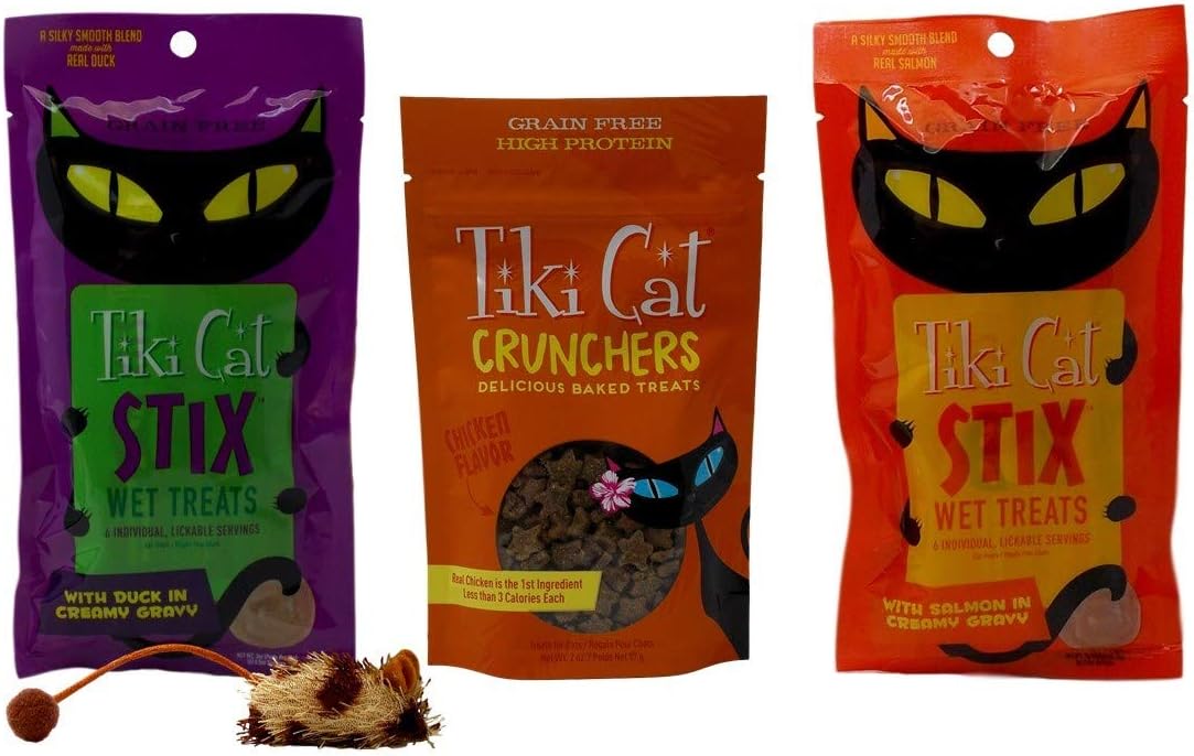 Tiki Cat Grain Free Cat Treats 3 Flavor Variety with Catnip Toy Bundle, 1 Each: Duck Gravy Stix, Chicken Crunchers, Salmon Gravy Stix…