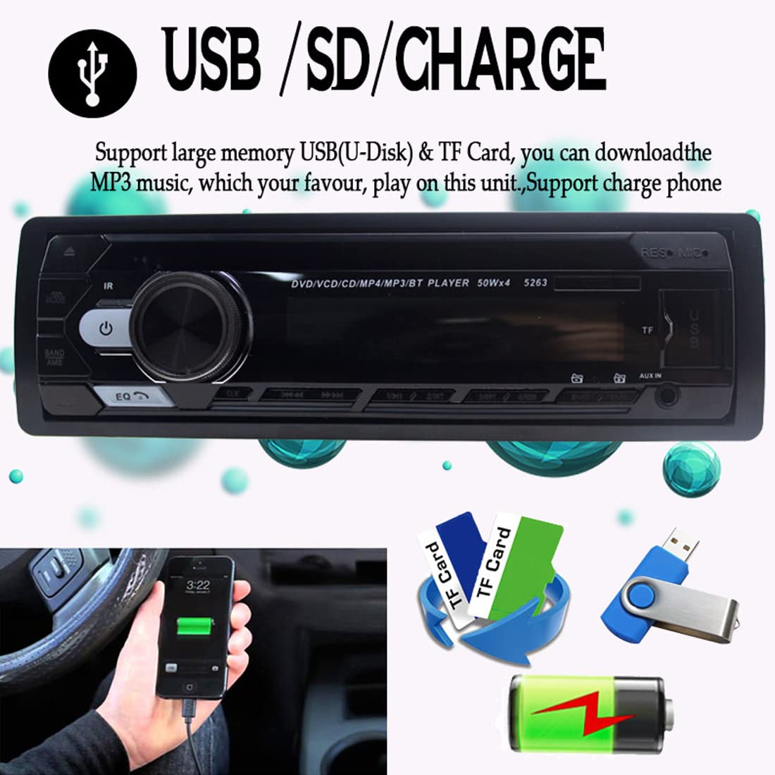 24V Bluetooth autoradio Headunit Lecteur CD DVD Unique 1 Din autoradio Mains libres/MP3/USB/SD/AUX/FM avec Port ISO