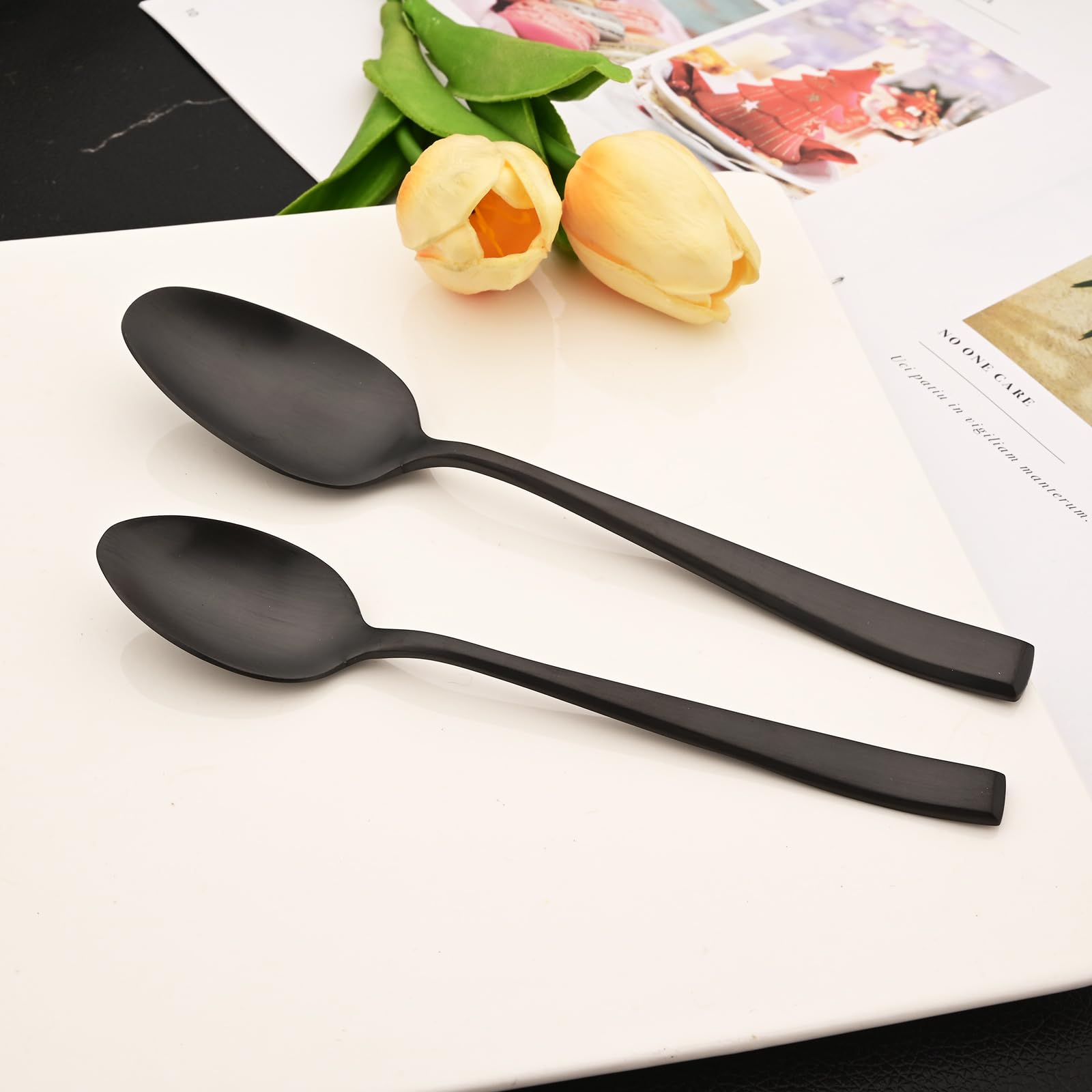 Snplowum 8-Piece Table Spoon, 18/10 Stainless Steel Heavy Duty Spoon Set For Dining Kitchen Dinner Spoons, Matte Black Finished (7.67-inch)