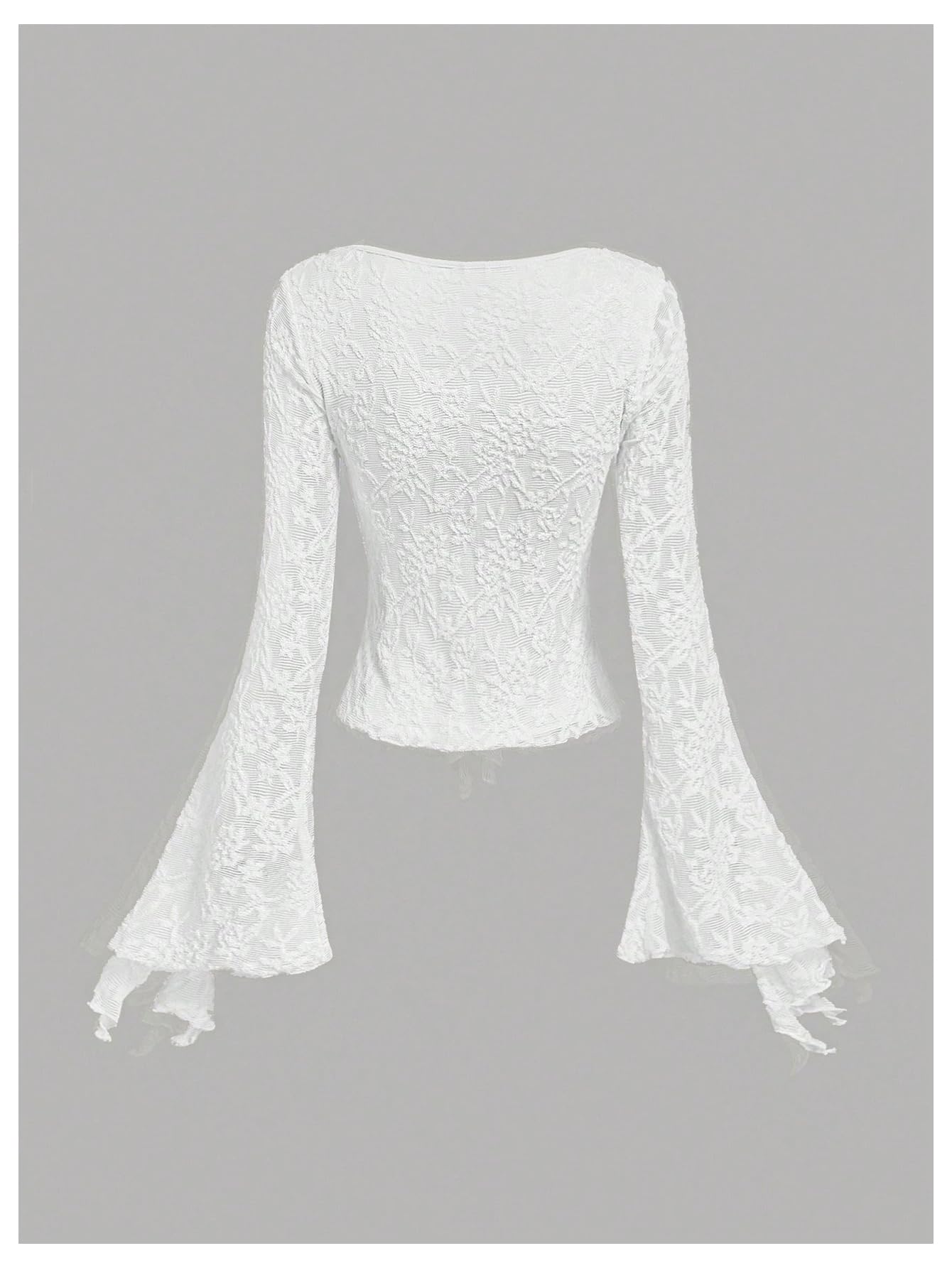 Verdusa Women's Y2K Tie Front Tops Bell Sleeve Floral Print Mesh Tops Long Sleeve Shirts 2000s Clothing: Medium White