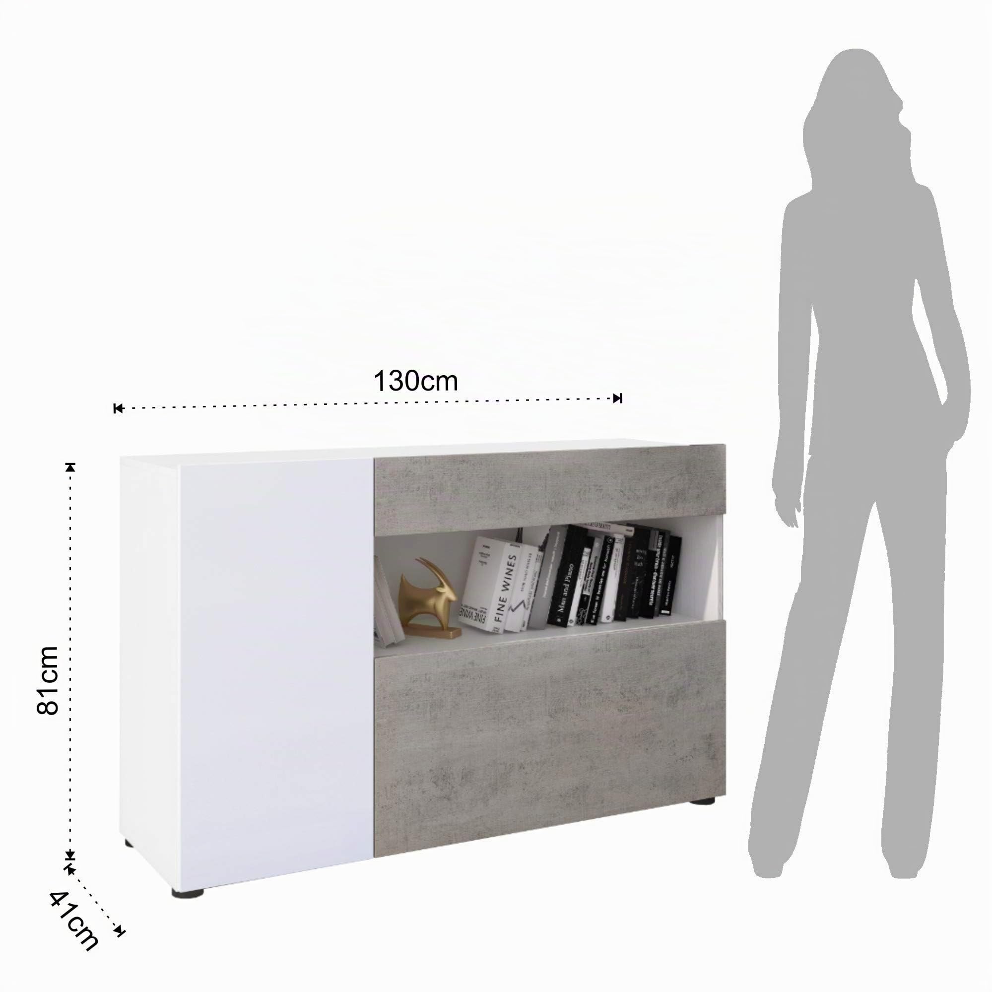 Credenza Moderna Madia Mobile Contenitore In Melaminico Con 2 Ante 1 Cassetto E Ripiani Interni Design Minimal Senza Maniglie Soggiorno Salotto Ingresso 130 x 81 x 41 Cm Bianco E Grigio Cemento