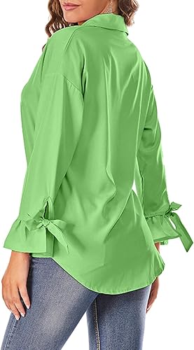 Vista 20 de Camisa de manga larga acampanada para mujer, para otoño, casual, cuello con lazo, con puño, ajuste holgado, camisetas Blanco