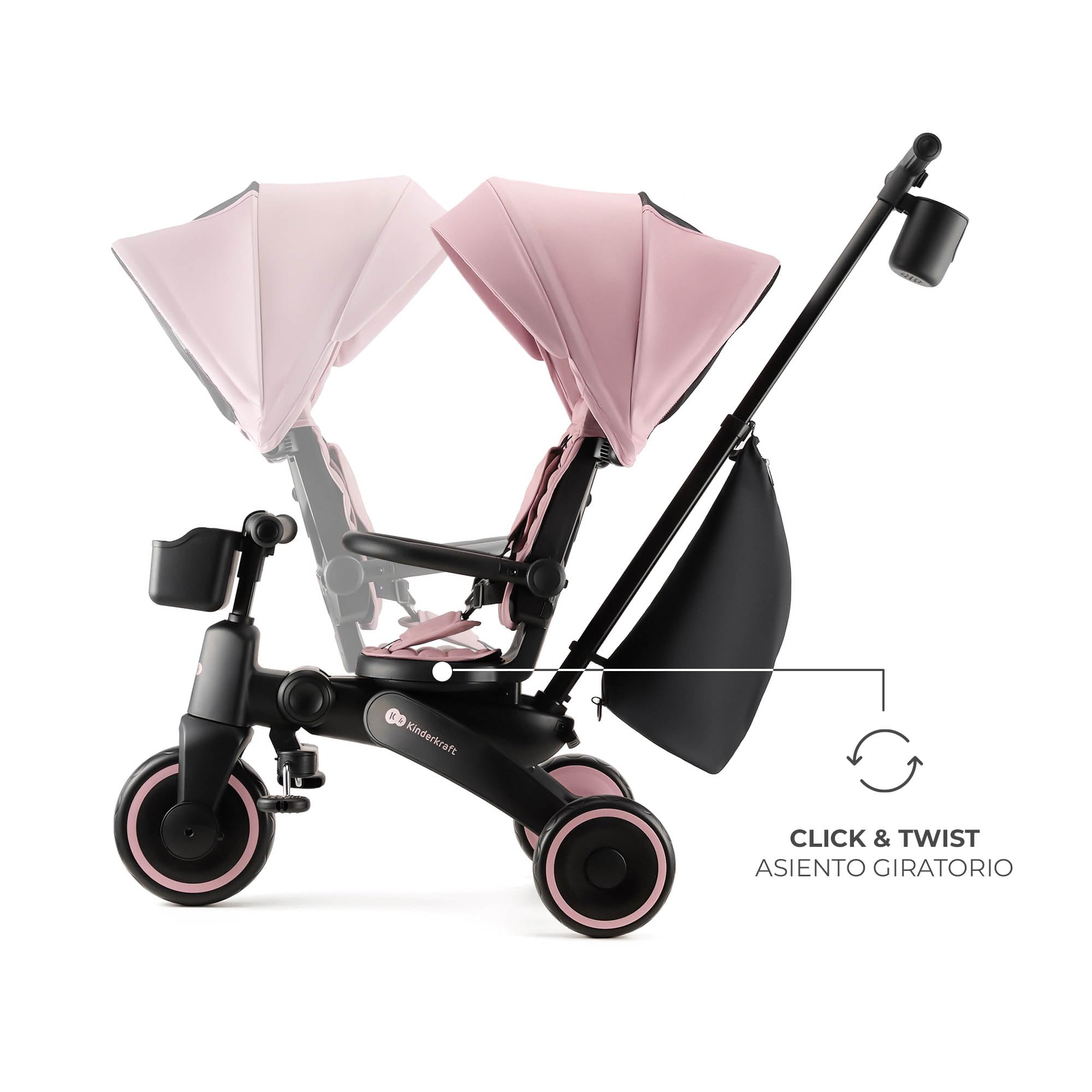 Kinderkraft JAZZ2 Triciclo 6 en 1, con función de Rueda para niños, Cochecito Plegable con Accesorios, protección UV UPF50+, de 9 Meses a 5 años, Rosa