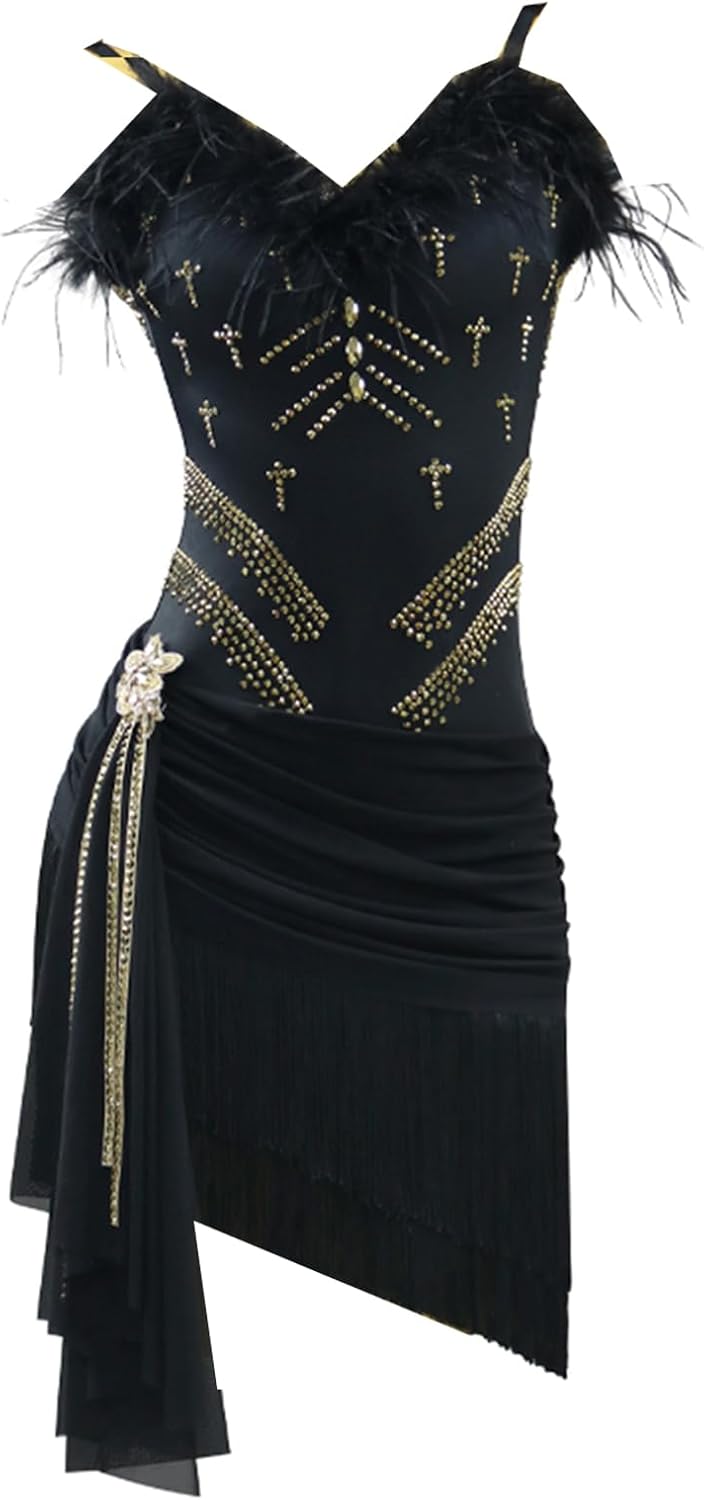 Latin Dance Dresses for Women Ballroom Salsa Samba Chacha Feather Costume Sexy Slanted Hem Latin Competition Dress