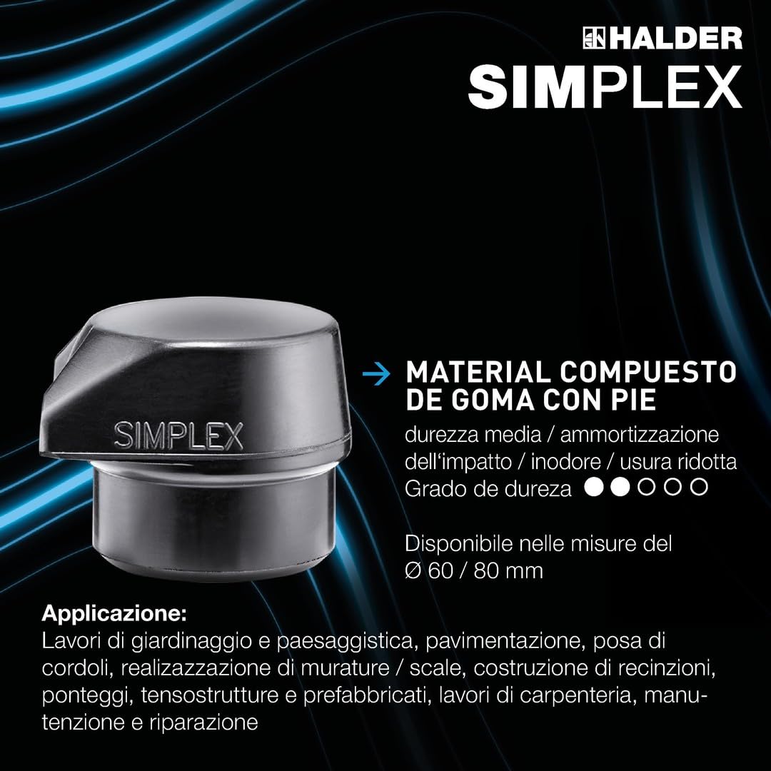 Simplex 3027.282 - Martello in gomma, con supporto in ghisa malleabile e manico in legno extra corto di alta qualità | D = 80 mm/design manico = extra corto