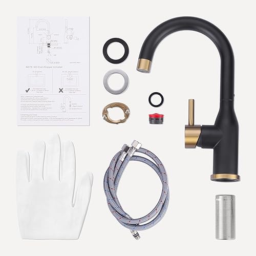 Miniatura 6 de WOWOW Grifo de fregadero de barra negro y dorado, moderno grifo de barra de una sola manija de 1 agujero, grifo de fregadero de cocina pequeño 360