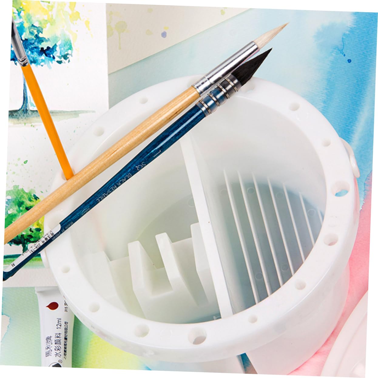 Operitacx Travel-Friendly Watercolor Painting Kit Portable Brush Cleaning Bucket Palette Holder for Outdoor Use