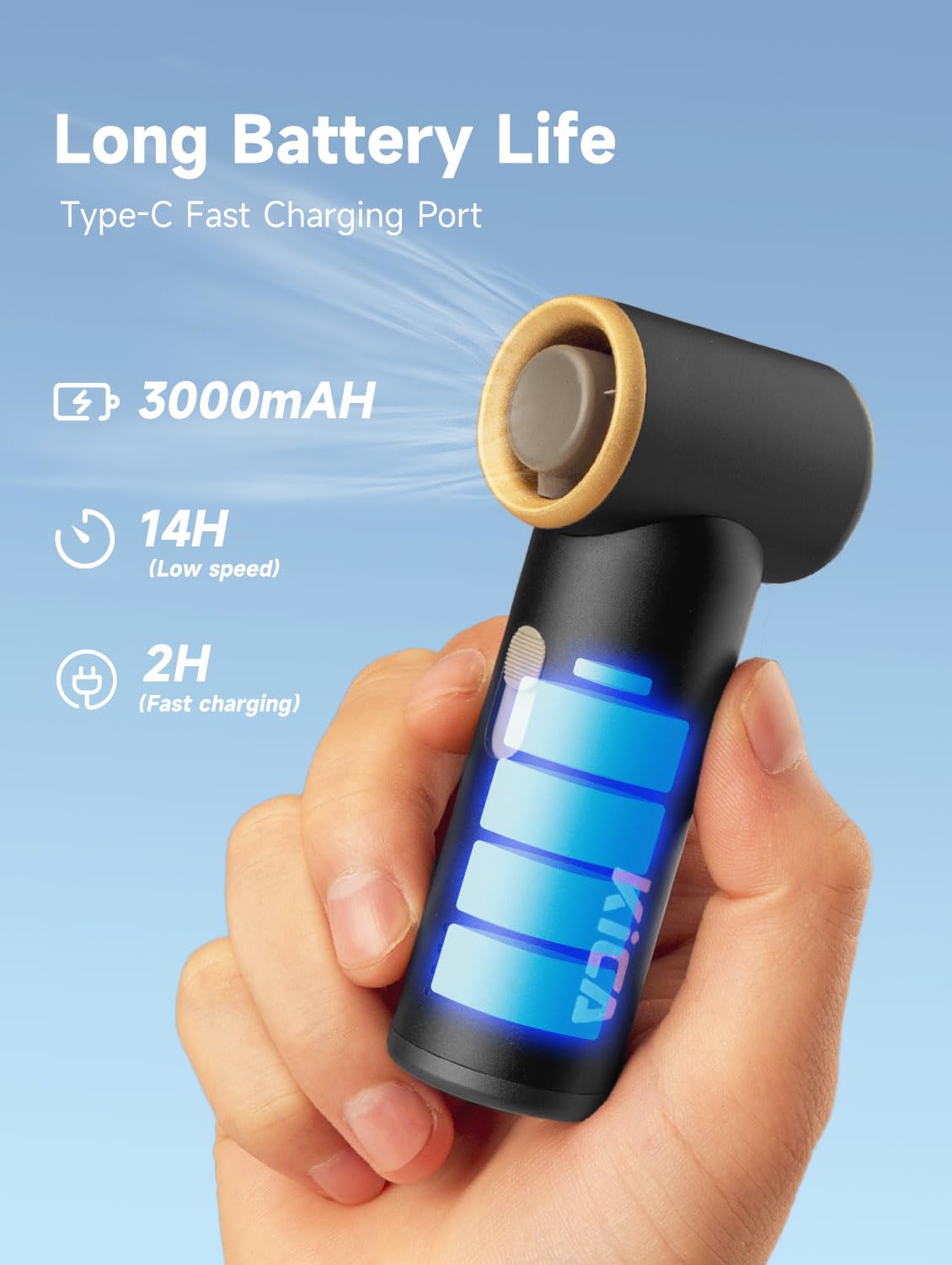 Kica Jetfan Mini Ventilatore Portatile,Ventilatore Silenzioso Ricaricabile Tramite USB,Ventilatore 3000mAh a batteria[14ore di lavoro],Velocità regolabile liberamente,Scocca in metallo,Nero