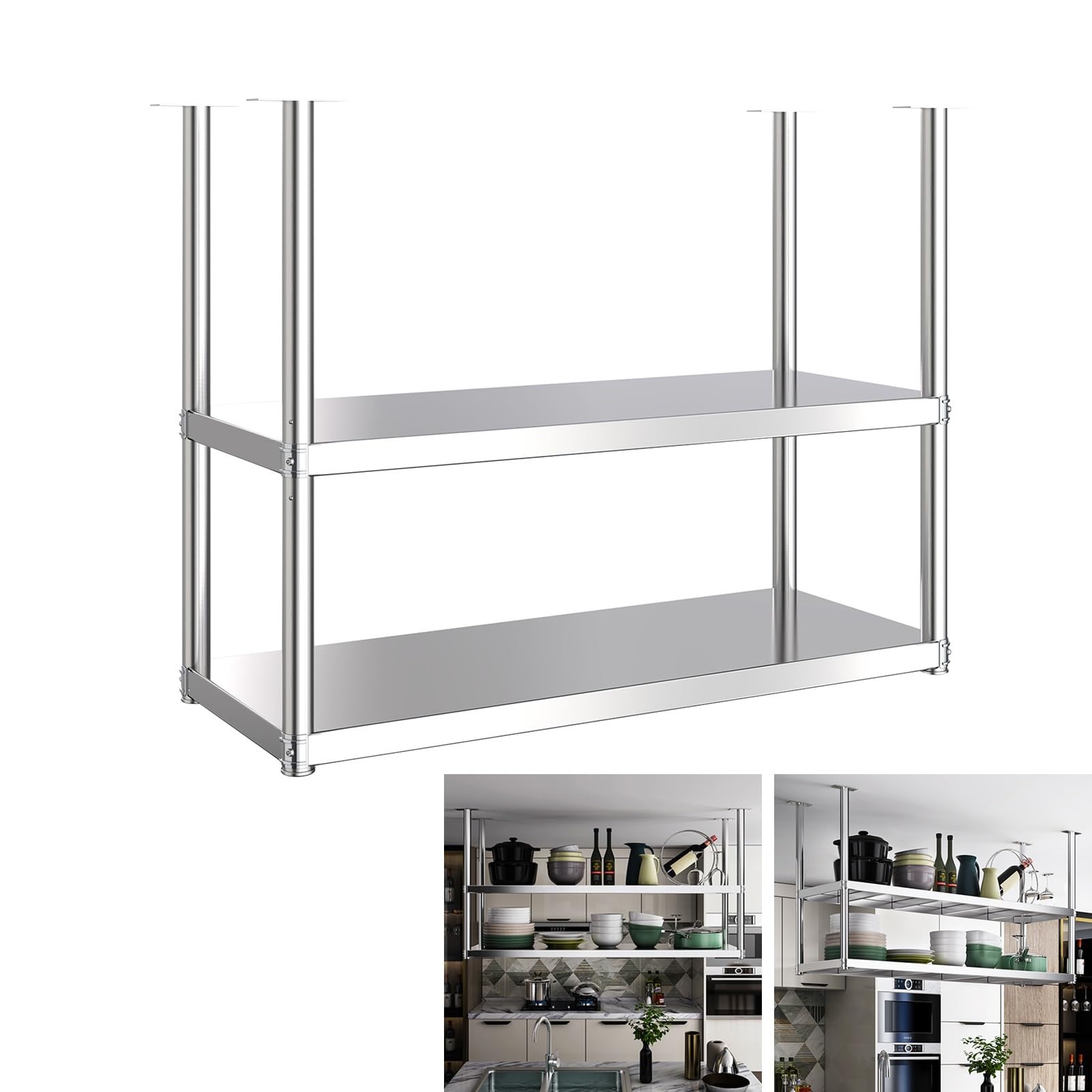 Scaffale da soffitto a 2 ripiani resistente, in acciaio inox, per pentole e padelle, salvaspazio, per casa, dispensa, ristorante, bar (80 x 35 x 80 cm)