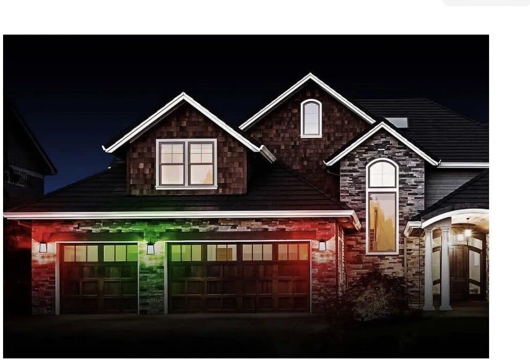 Feit Electric Smart Coach Lanterns installed on a house, displaying green and red colors