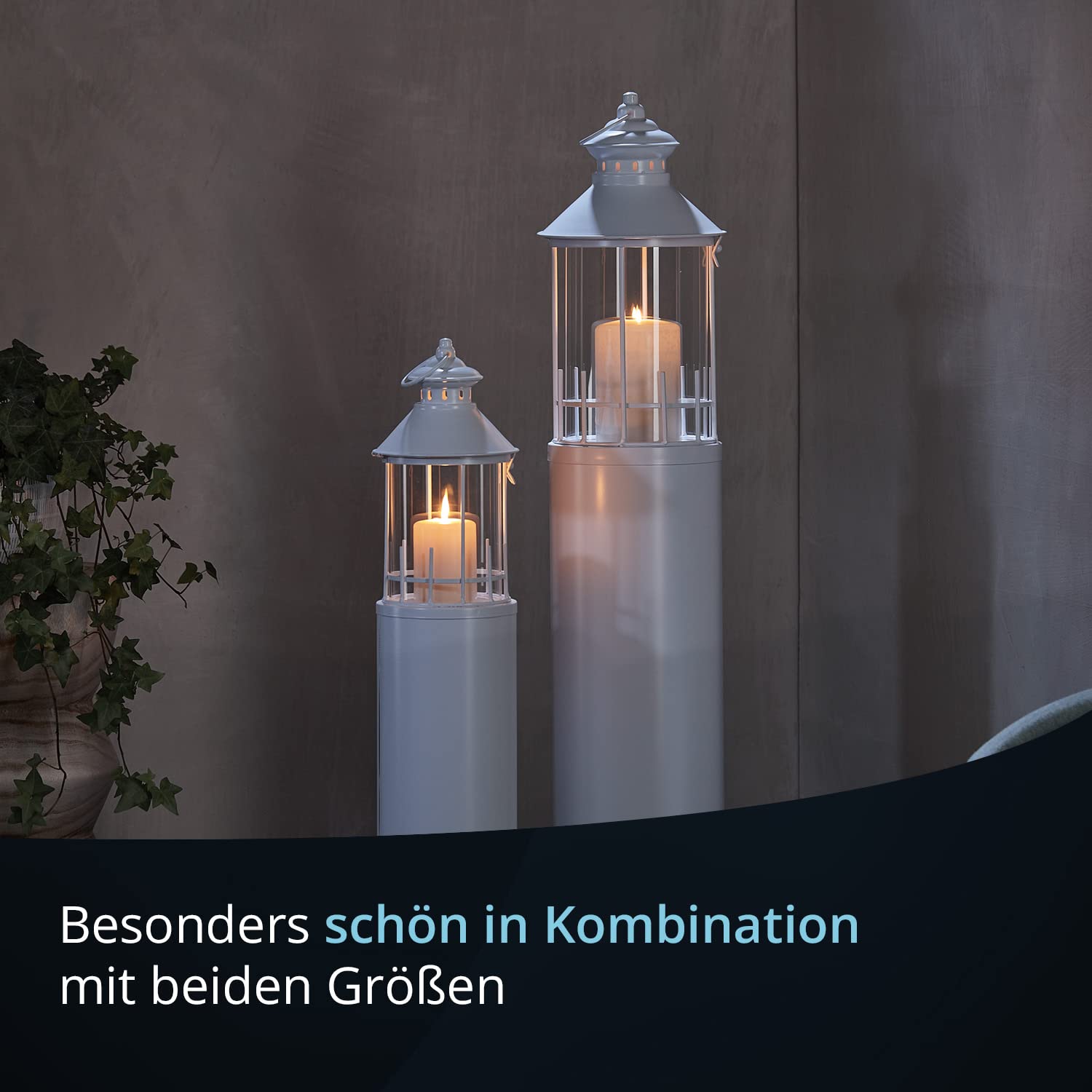 KHG Laterne Leuchtturm 2er Set mit Kerze aus Metall/Glas in weiß, Kerzenständer, Kerzenhalter, Outdoor und Indoor, Deko, Glaseinsatz, für Wohnzimmer, Balkon, Terrasse, Garten usw.