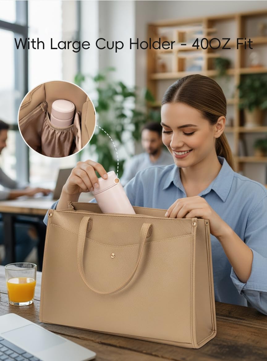 BAGOK Laptop Tote Bag Women, Work Tote with Multi Pockets, Nurse Bag with Large Cup Holder, For Work, Travel, Daily Use